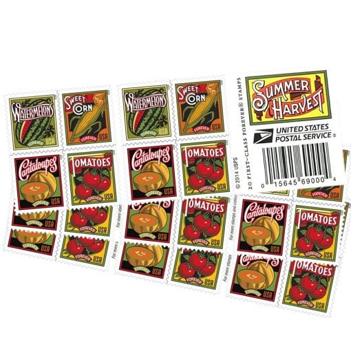 a sheet of stamps of summer harvest forever stamps