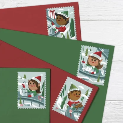 buy discount Holiday Elves Stamps 2022 USPS Forever postage stamp on sale cheap in bulk for 2023 Xmas